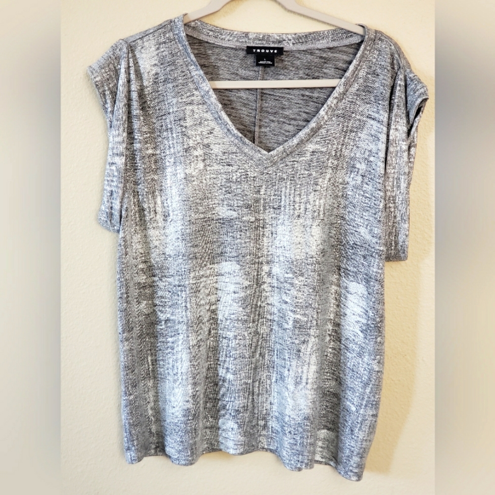 Troupe, Size L, Silver, Black and White, Draped Cap Sleeve Blouse